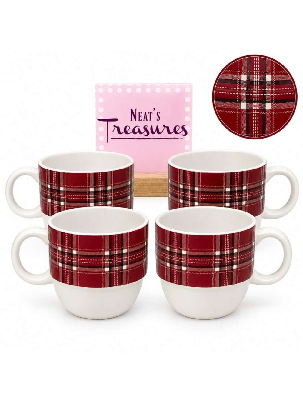 Noble Excellence CRIMSON Red Plaid Trim Porcelain Stackable Cups Mugs Set of 4